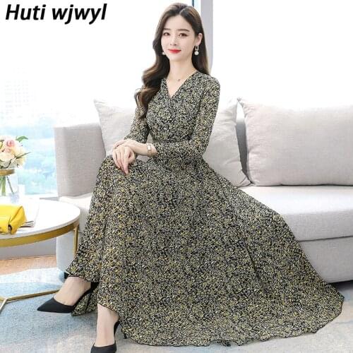 Autumn Winter Vintage Floral Chiffon Midi Dress Plus Size Boho Dresses 2021 Elegant Women Party Long Sleeve Dress Maxi Vestidos