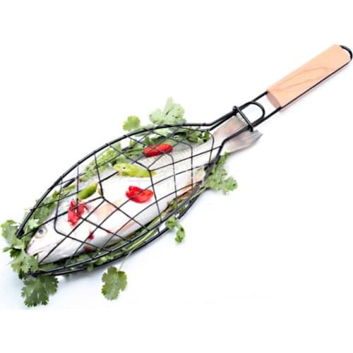 Fish Grill Basket Nonstick BBQ Barbecue Fish Grilling Roast Basket Wooden Handle Outdoor BBQ Tools Grills