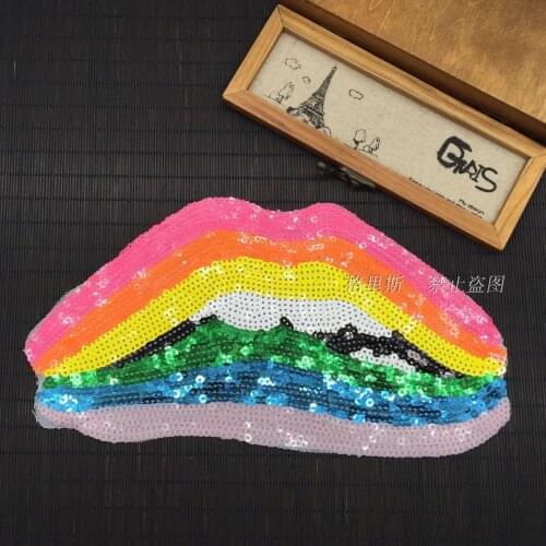 Sequins large Coloured lips lace embroidery patch Applique Handmade cloth sticker FOR cloth decoration DIY Brooch bag Parche