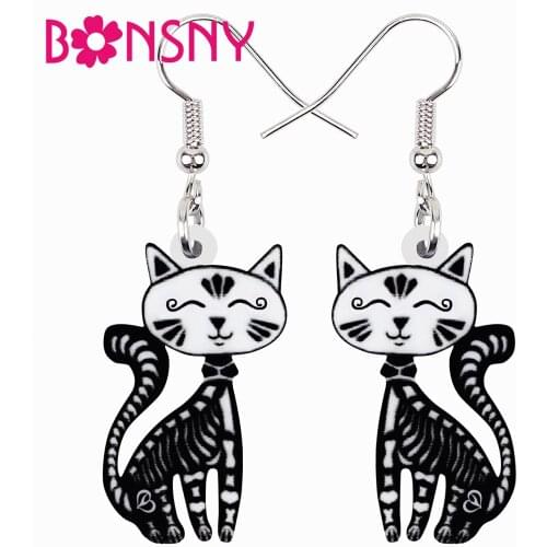 BONSNY Halloween Acrylic Black Smile Skull Skeleton Cat Earrings Fashion Drop Dangle Novelty Jewelry For Women Girls Teens Gifts