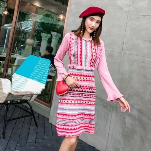 Women Ruffle sleeve Sweater Dress Autumn Winter Arrivals Long Sleeve Bodycon Dresses Ladies Knee Length Knitted Sweater Dress