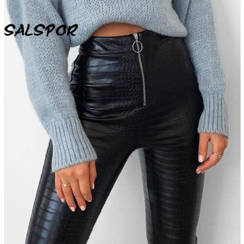 SALSPOR Black Leather Leggings Women Zipper Sexy High Waist Legging Skinny Pu Pencil Pants Fashion Feminine Elastic XL