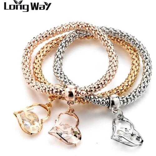 LongWay Brand Gold Color Crystal Heart Charm Bracelet & Bangle Romantic Couple Bracelets For Women Brand Jewelry SBR160349