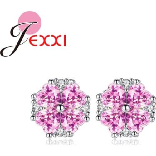 2020 New Arrival 925 Sterling Silver Jewelry Stud Earrngs For Women Girl Wedding Anniversary Gifts Pave Shiny Pink Crystal