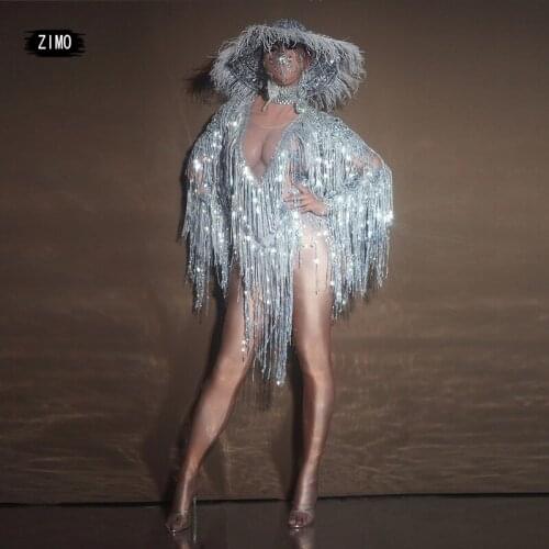 Shiny Sequins Tassel Jumpsuit and hat Evening Women Bodysuit Dancers Show Bodysuit Costume Party Prom Bar Nightclub Gogo Costume