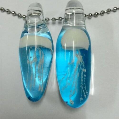 FREE SHIPPING 2 PCS Blue Glass Jewelry white jellyfish Charming Necklace 70 CM stainless steel chain