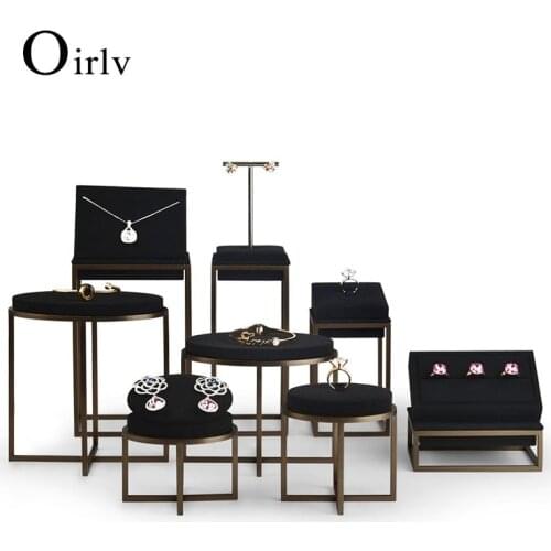 Oirlv New Metal Jewelry Display Stand Set Ring Necklace Bracelet Display Holder Shelf with Leather Jewelry Organizer Showcase