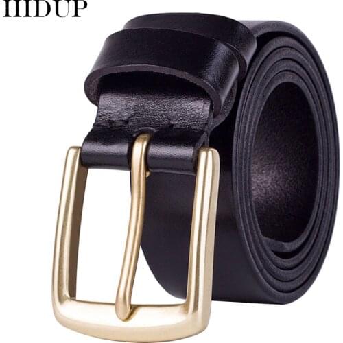 HIDUP Top Quality 100% Pure Solid Cow Cowhide Leather Belt Copper Pin Buckle Metal Belts Men Retro Style Jean Accessories NWJ122