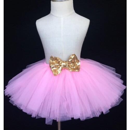 Baby Girls Pink Tutu Skirt Infant Handmade Fluffy Tulle Pettiskirts Tutu with Gold Sequin Bow Kids Summer Birthday Party Skirt