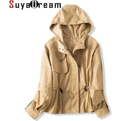 SuyaDream Women Cotton Hooded Trench Elastic Waisted Zipper Placket Trench coat 2019 Autumn Winter Outwear