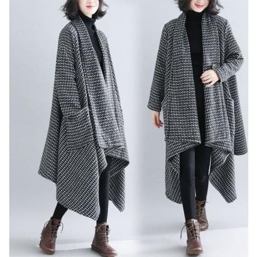 Plus Size Trench Coat WomenS Coats 2020 New Autumn Winter Houndstooth Tweed Wool Long Windbreaker Tops Cardigan Female AA5605