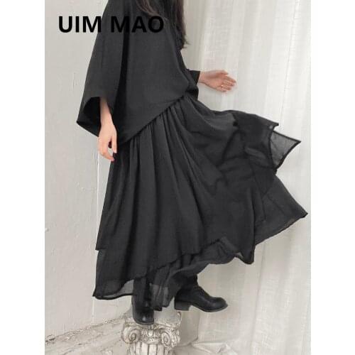 UIM MAO Spring New Style Yamamoto Style Retro Spray-dyed Double Layer Cotton Linen Asymmetric Elastic Waist Large Skirt Female