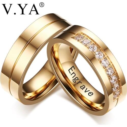 V.YA simple 1 Pair Wedding Rings for Women Men Couple Stainless Steel Gold Forever ring Anniversary Engagement Jewelry gift