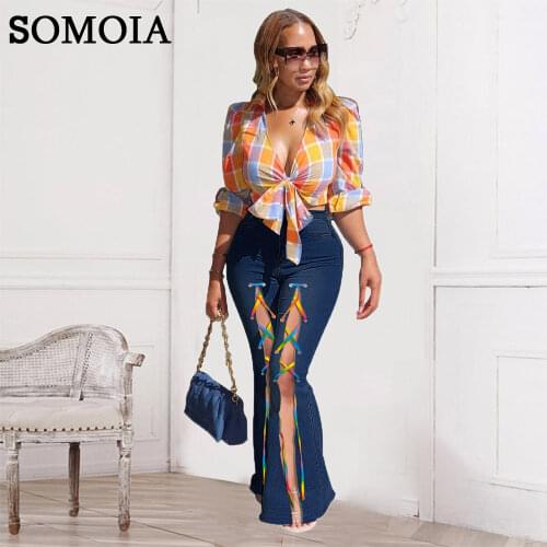 Plus Size Women Bottoms High Waist Flared Pants Rainbow Ribbons Jeans Denim Trousers with High Slits Cowboy Trouser Wholesale