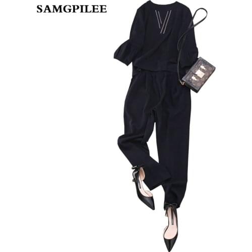 2020 Sale New Spring Three Quarter Sleeve Casual Pullover V-neck Fashion Elastic Waist Striped Length Women Set L-4xl