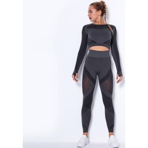 2020 Popular Women Seamless Long Sleeve 2 Piece Fitness Crop Top High Waisted Leggings Yoga Set