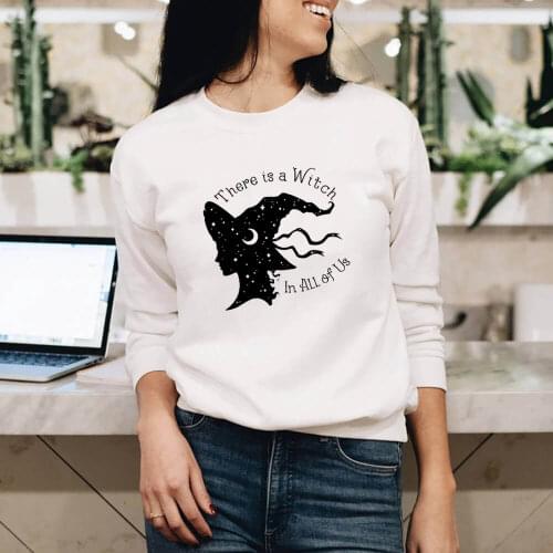 There is a witch witchy woman Graphic Printed Funny Casual 100%Cotton Long Sleeve Tops Halloween Sweatshirts Witchy Sweatshirt