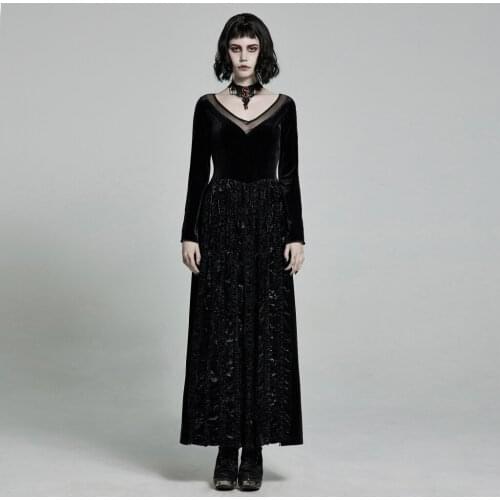 PUNKRAVE Womens Gorgeous Goth Dark Long Sleeve Dress Gothic Sexy Charming V-neck Knitted Velvet Long Dresses
