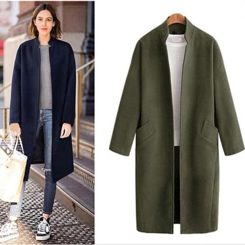 2020 Fall Winter Women Simple Classic Stand Collar Open stitch Oversized Wool Coat Female Windbreaker Outerwear Long Wool jacket