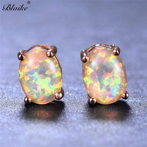 Blaike Boutique Blue/White Oval Fire Opal Stud Earring For Women Rose Gold Filled Fashion Party Jewelry Christmas Valentine Gift
