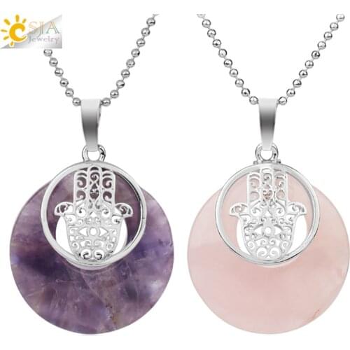 CSJA Natural Circle Stone Crystal Pendant Fatima Hamsa Hand Palm Pendants Necklaces Protective Amulet Jewelry for Women Men G141