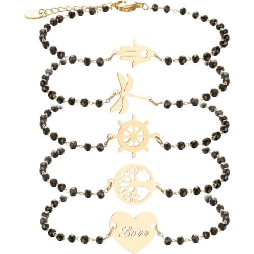 Gold Silver Color Cross Owl Tree Rudder Heart Charms Stainless Steel Black Crystal Beads Chain Bracelet For Women Jewelry Gifts
