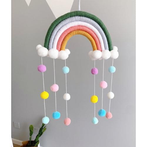 Baby Mobile Rattles Toys Hand Woven Cloud Rainbow Hanging Pendant Windbell Toddler Bed Bell Accessories Nursing Room Decoration