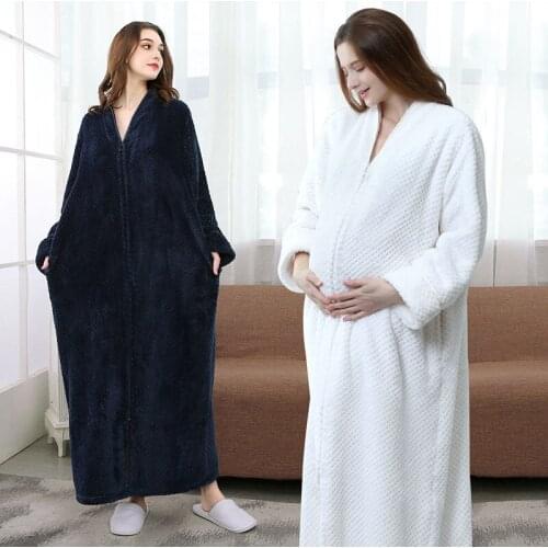 BALDAUREN Autumn And Winter Zipper Long Bathrobe Plus Fat Nightgown Men And Women Coral Flannel Pajamas Home Service