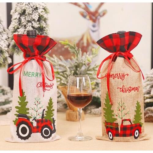 Dropshipping Festival supplies Merry Christmas Tree Car Plaid Wine Bottle Cover Champagne Bag Holiday Decor