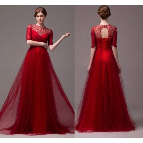 Sarahbridal Elegant Long Red Wedding Dresses Luxury Crystal Beading Sexy Sheer Neck Vintage Wedding Dresses With Sleeves 2015