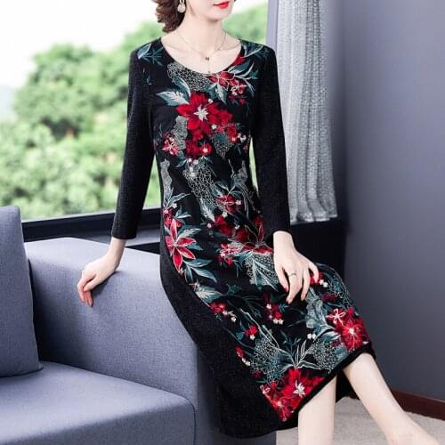 Elegant Women Red Floral Black Gold Velvet Midi Dresses 2021 Autumn Winter 4XL Plus Size Dresses Vintage Bodycon Party Vestidos