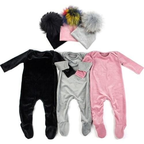 Soft Solid Color Newborn Jumpsuit Elasticity Baby Boys Girls Long sleeves Velvet Footies Baby Bodysuits Clothes Hats Set Pompon