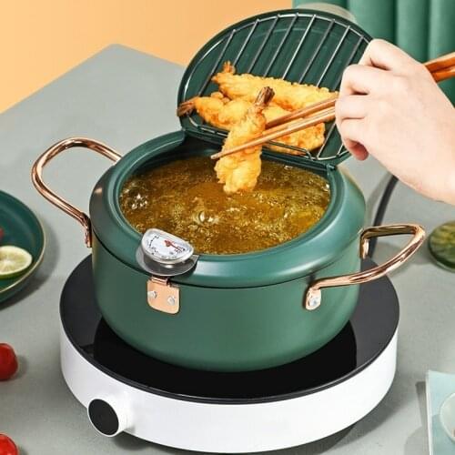 Kitchen Gadgets Japanese Style Fryer with Lid and Thermometer Home Mini Induction Cooker Gas Fryer Japanese Style Small Oil Pan