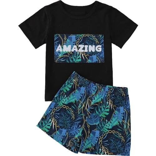 Summer Casual Wear Kids Boys Summer Sport Outfit Print Short Sleeves Stitching Design T-shirt and Shorts for Workout Fitness