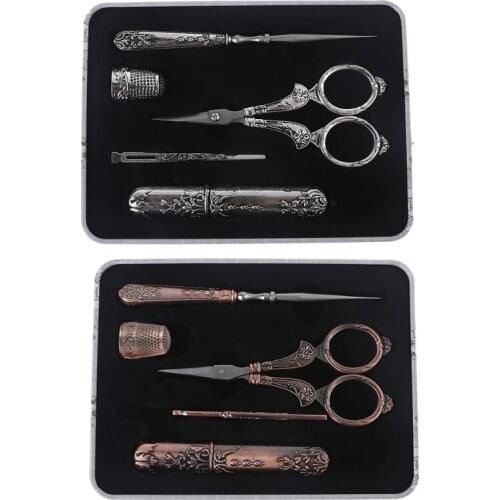 Vintage Embroidery Scissors Kit Needle Case Sewing Thimble Awl Needlework Tools Complete Antique Vintage Sewing Kit for Sewing