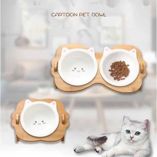 New Pets Double Bowl Dog Cat Food Water Feeder Stand Raised Ceramic Dish Bowl Wooden Table Cute Cat Bowl Pet Supplies