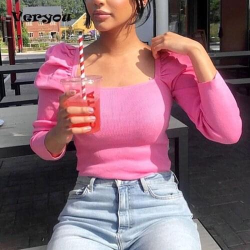 New Women Shirts Autumn Puff Sleeve Tops Long Sleeve Solid T-Shirt Ladies Sexy Crop Tee Tops Square Collar Shirt Women Sexy
