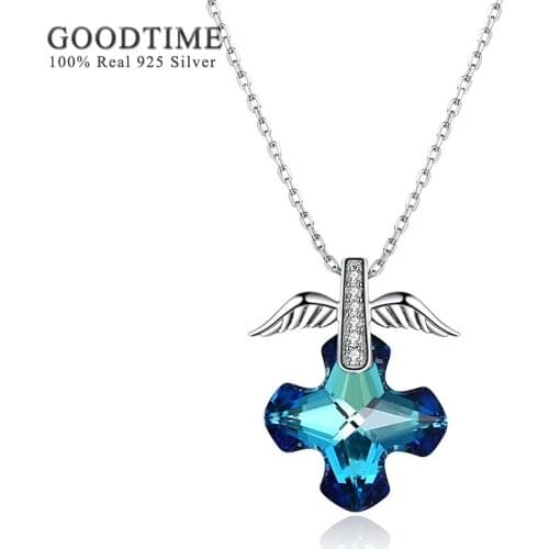 Necklace 925 Sterling Silver Jewelry Sparkling Blue Austrian Crystal Angel Wings Pendant Necklaces For Women Silver 925 Jewelry