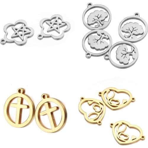 10pcs/Lot Real Stainless Steel Heart Star Cross Tree Charms Pendants for DIY Making Necklace Bracelet Jewelry Wholesale