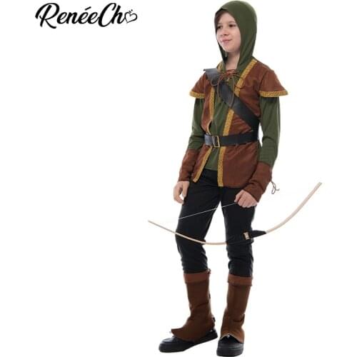 Reneecho Robin Hood Child Costume Boys Prince of Thieves Archer Costume Green Fancy Dress Halloween Costume Outfit