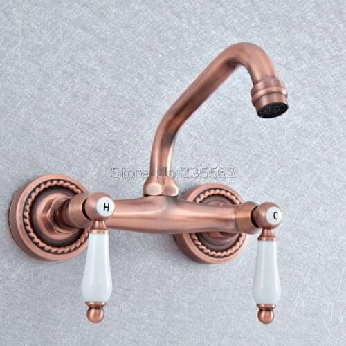 Basin Faucets Antique Red Copper Wall Mounted Kitchen Bathroom Sink Faucet Dual Handle Swivel Spout Hot Cold Water Tap Lsf886