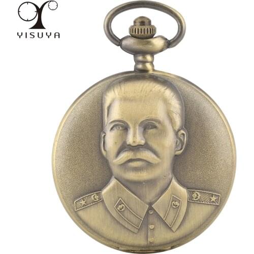 Stalin Character Bronze Collection Souvenir Quartz Pocket Watch Necklace Pendant Clock Gift Men Women with 80 cm Sweater Chain