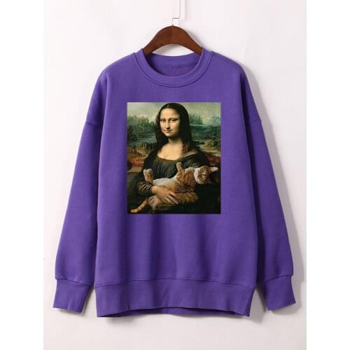 Sweatshirts Mona Lisa Hugging Cat Sweatshirt Female Punk Aesthetic Fall 2020 Womens Hoodie Plus Size Warm O-Neck Hoodies Women