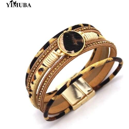Europe Classic Leopard Multilayer Leather Bracelet High Grade Genuine Leather Yellow Rhinestone Wrap Bracelet Bangle Women Gift