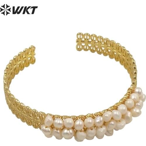 WT-B571 Wholesale women fashion gold crushed stone bangle charming boho wire wrapped tiny stone cuff bangle 10pcs