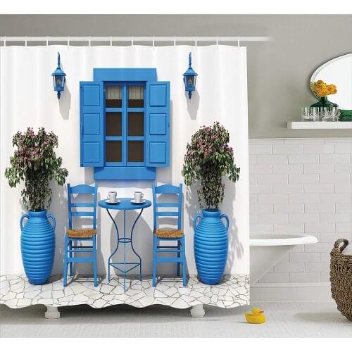 Travel Decor Shower Curtain Traditional Greek Design Holiday Summer House Flowers Window Image Fabric Bathroom Decor with Hooks