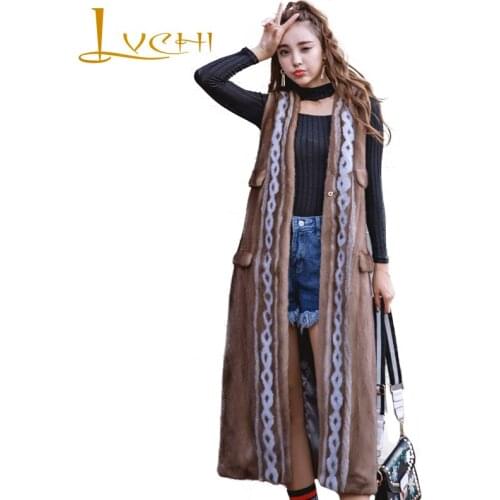LVCHI Winter 2019 Imoport Mink Fur Coats Womens Causal Sleeveless Pocket Flower Coat Long Causal Slim V-Neck Vest Mink Coats