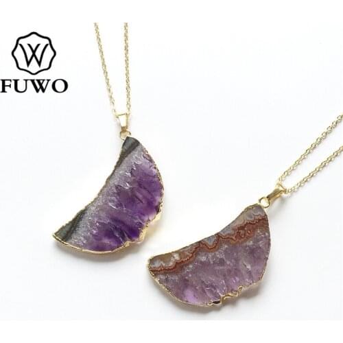 FUWO Trendy Women Natural Amethysts Slice Necklace Genuine Gold Electroplated Half Moon Crystal Quartz Jewelry For Women NC072