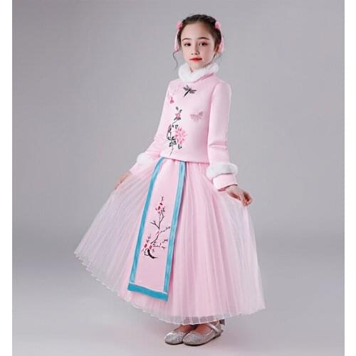 Girls robe Romantic Flower Girl Wedding Bridesmaid Formal Embroidery Fur Mandarin Collar Cheongsam First Communion Dresses