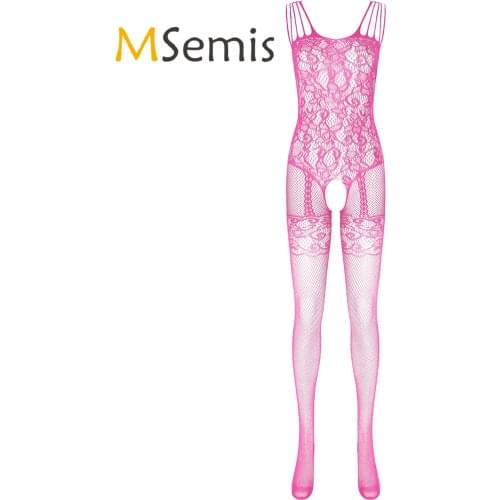 Womens Floral Pattern Crotchless Bodysuit See-through Hollow Out Fishnet Bodystocking Tights Nightwear Babydoll Underwear